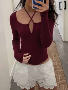 Zielony Women's Fashionable Sexy Solid Color Ribbed Long Sleeve Sweater, Autumn/Winter - Burgundy - View 4