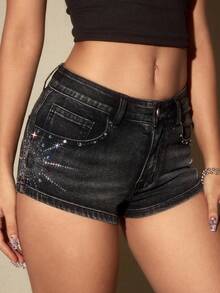 ROMWE Avant Shorts vaqueros mini de talle súper bajo con decoración de cristales, estilo retro Y2K sexy para mujer - Negro - Ver 6