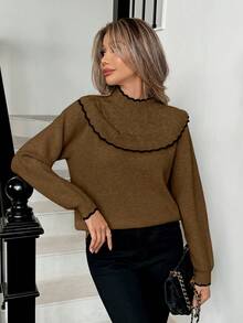 Elenzga Jersey de cuello redondo con volantes y bloques de color para mujer, manga larga, sencillo y para uso diario - Marrón Chocolate - Ver 6