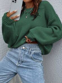 SHEIN LUNE Suéter de cuello redondo de unicolor, versátil y de manga larga - Verde - Ver 8