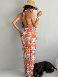 Bonvoyette Conjunto de traje de baño de 3 piezas para mujer que incluye: parte superior triangular con estampado de estrella de mar y concha, Bottom de bañador con ataduras laterales, y vestido largo estampado con decoración metálica en el cuello halter. - Multicolor - Ver 2
