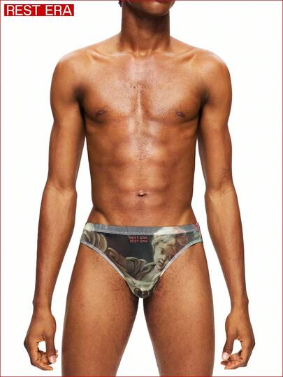 Rest Era 1pc Men's Printed Mesh Sexy Briefs, Transparent Printed Triangular Underwear