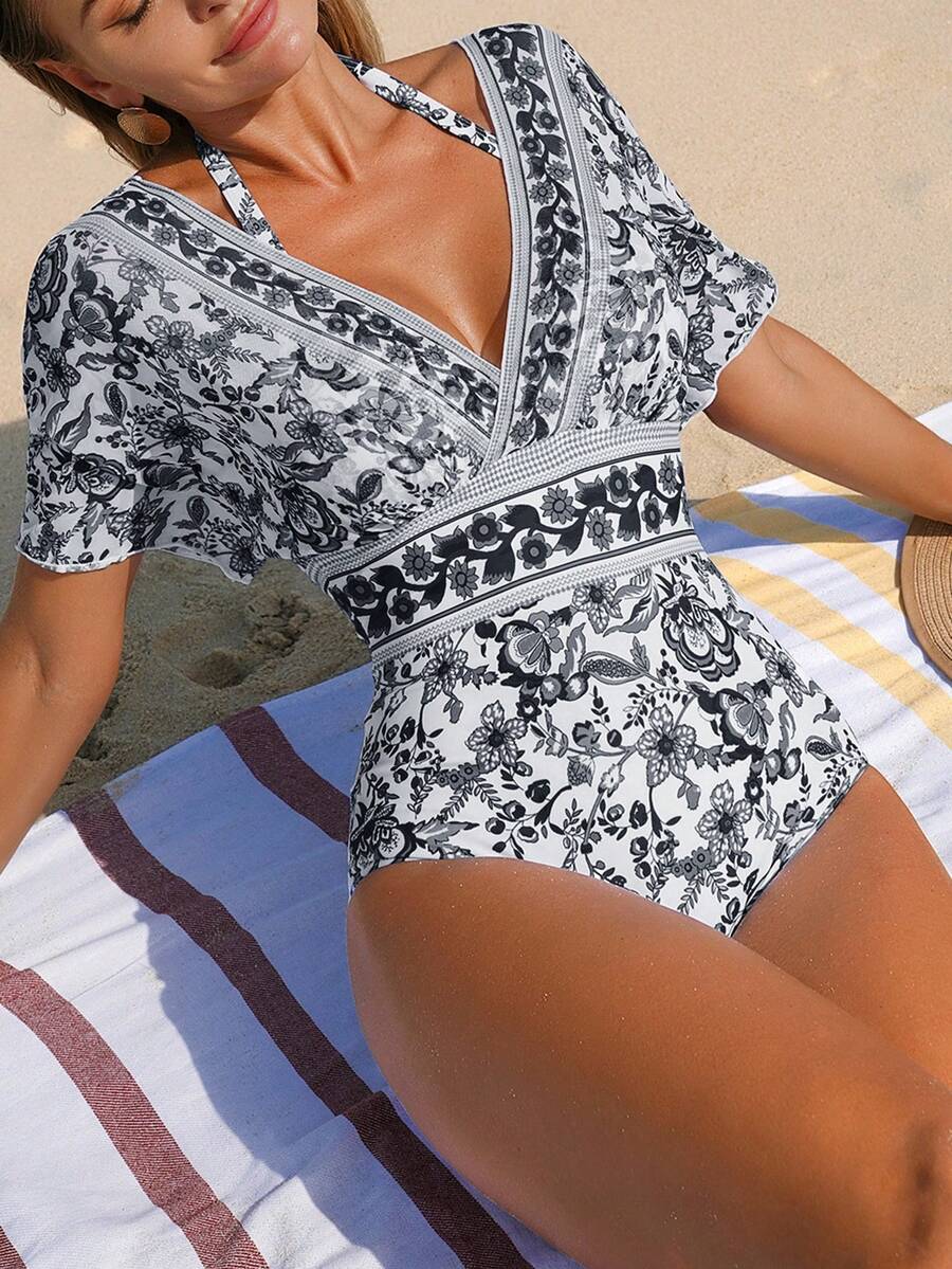 Swim Lushoire Damen Schwarz & Weiß Chinoiserie Boho Mesh Bauchkontroll Badeanzug, konservativ für Strand & Resort