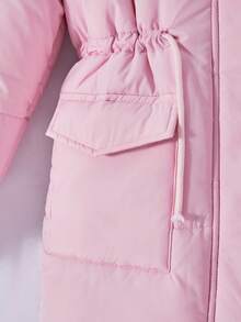 青少年女孩人造毛皮拼布连帽长袖棉服外套，休闲百搭 - 藕粉色 - 查看 5