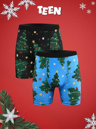 NotGurli 2pcs Christmas Tree Funny Unique Contrast Color Boxer Briefs, Comfortable Underwear For Teens