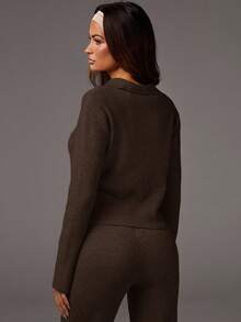 Athîral Women's Casual Button-Embroidered Cropped Knit Top, Fall Ribbed Knit Top, Polo Shirt, Fall Fashion, Fall Women's Brown Knit Sweater, Knitted Long Sleeve, Women's Long-Sleeved Top, Back-To-School Season,Fall,Fall Clothes For Women - Coffee Brown - View 2