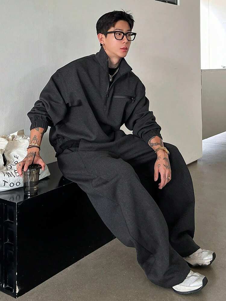 Men's Solid Dark Grey Thick Pullover Sweatshirt Set, Autumn/Winter Quarter Zip Men