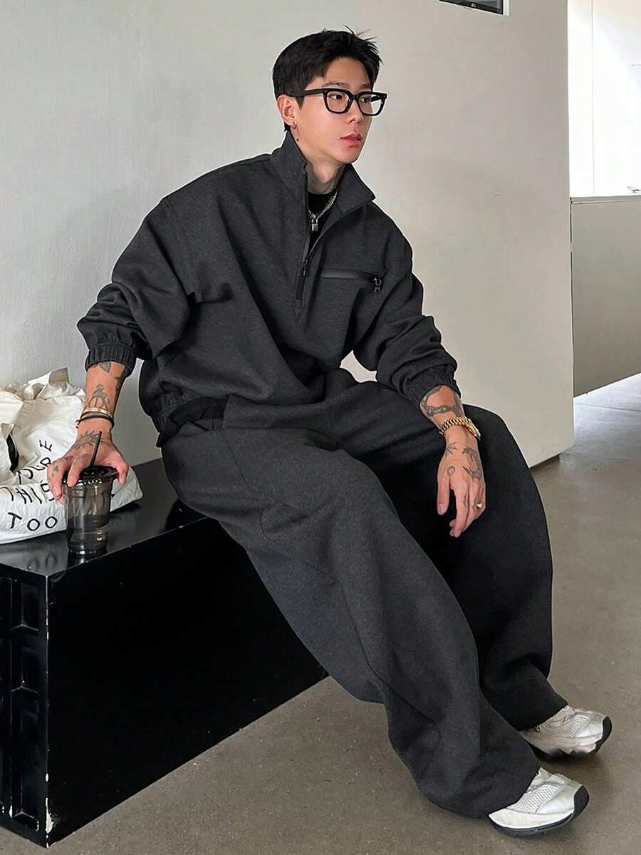 DAZY 男士纯色深灰色加厚套头卫衣套装，秋冬四分之一拉链款