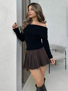 Jemour Knitted Fold Over Jumper Spring Y2K 90's Casual Cute Off The Shoulder Tops Holiday Summer Fall Autumn Winter Everyday Halloween - Black - View 6