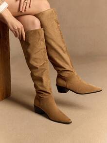 Rosivie 女士尖头褶皱粗跟过膝靴，时尚日常穿着 - 駝色 - 查看 7