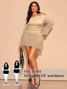 SHEIN Tall CURVE 大码女式优雅闪光露肩褶饰 A 字喇叭袖连衣裙，性感迷你派对礼服，适合毕业、婚礼、晚会、夜间外出、毕业礼服 - 杏色 - 查看 1