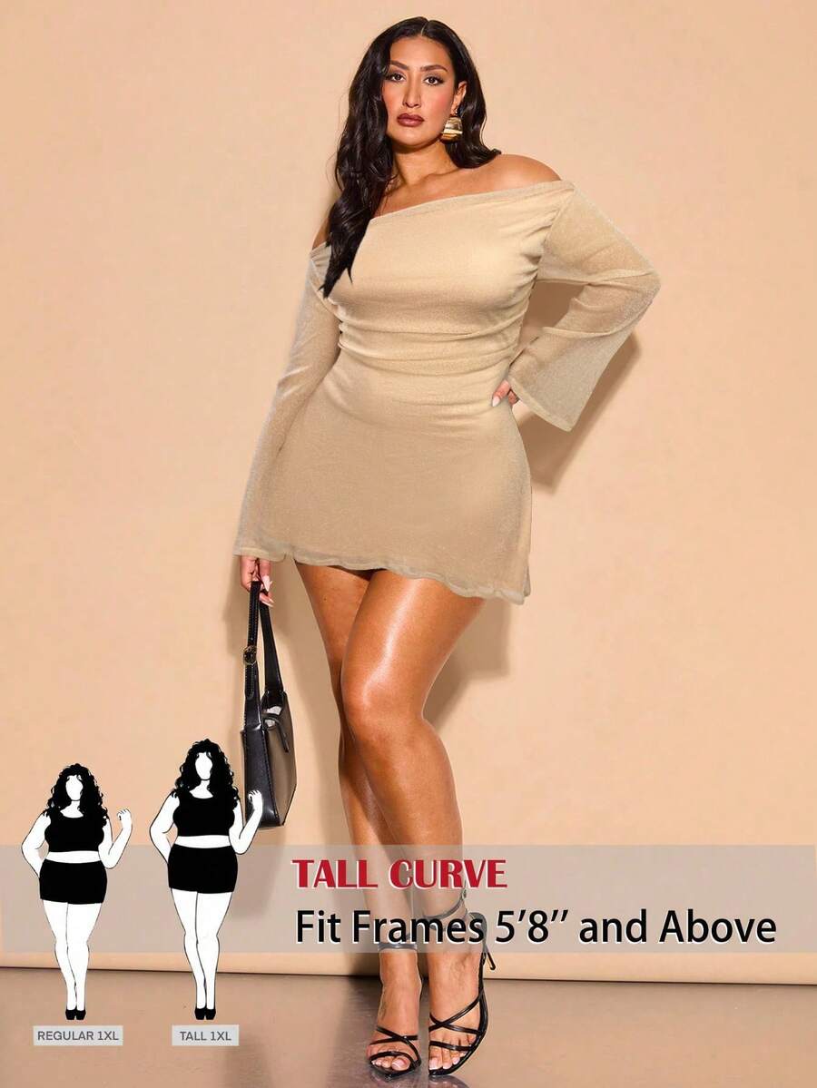 SHEIN Tall CURVE 大码女式优雅闪光露肩褶饰 A 字喇叭袖连衣裙,性感迷你派对礼服,适合毕业、婚礼、晚会、夜间外出、毕业礼服 - 杏色 - 查看 1