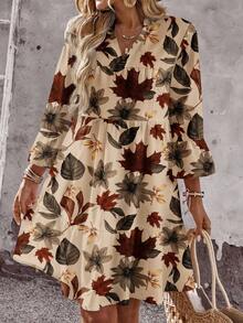 EMERY ROSE 秋季大码休闲树叶印花缺口领喇叭袖连衣裙 - 彩色 - 查看 5