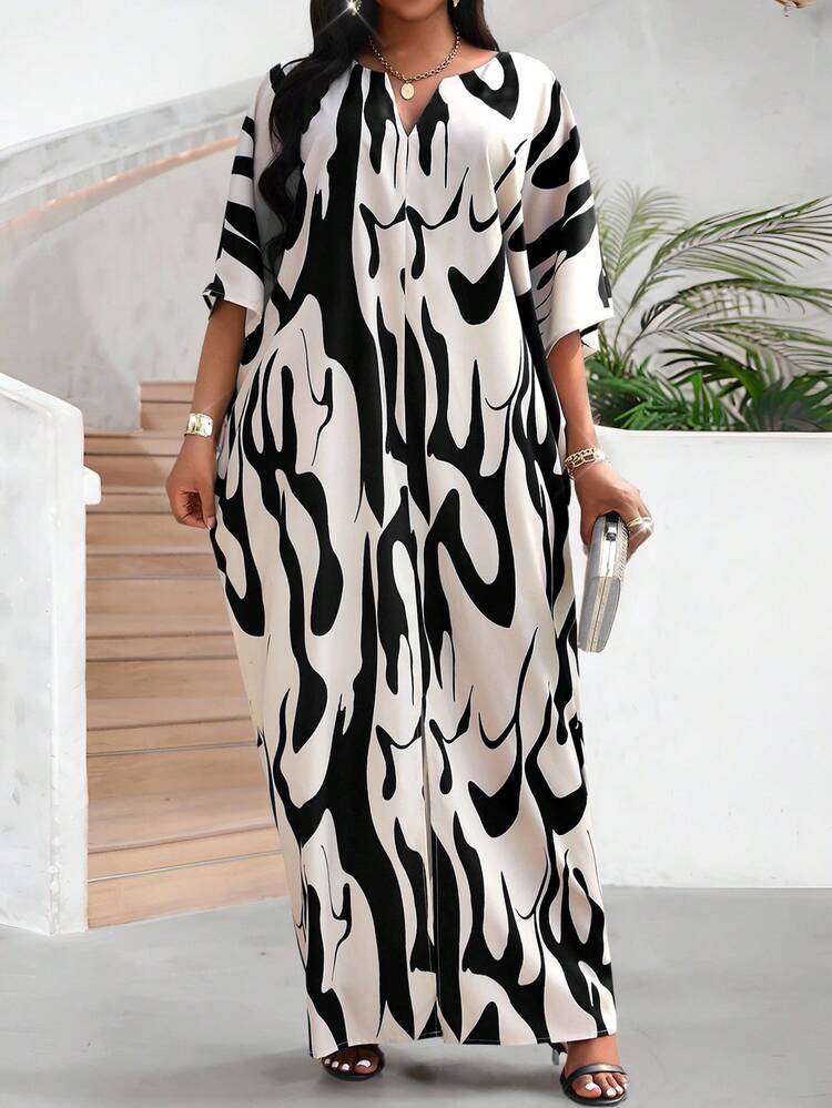SHEIN Lady Váy dài vừa phải thường ngày in họa tiết màu tương phản dành cho nữ - Đen và trắng - Xem 6