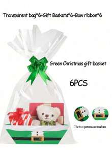 6/12 Piece Gift Basket Set, Multiple Colors Available,Christmas Hollow Gift Baskets, Including Bows, Plastic Bags, And Kraft Paper Market Tray Cardboard Baskets For DIY  Holiday Gift Wrapping, Shelf-Style Gift Baskets, Suitable For Halloween - Multicolor - View 17