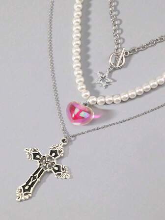 Grunge Punk Set de 3 collares con colgante de estilo gótico con cuentas negras, rosa de espinas rojas, cruz y corazón para mujeres