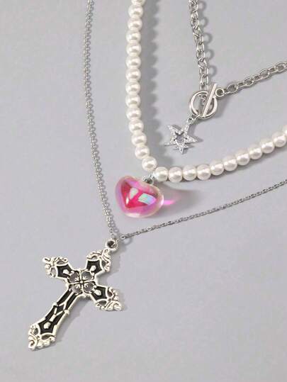 Grunge Punk 3pcs Gothic Style Black Beaded, Red Thorn Rose, Cross & Heart Pendant Necklace Set For Women