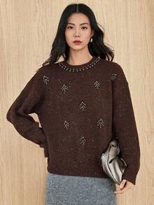 Dazy-Less Women's Loose Business Casual Crew Neck Beaded Knit Sweater, Brown, Suitable For Autumn And Winter