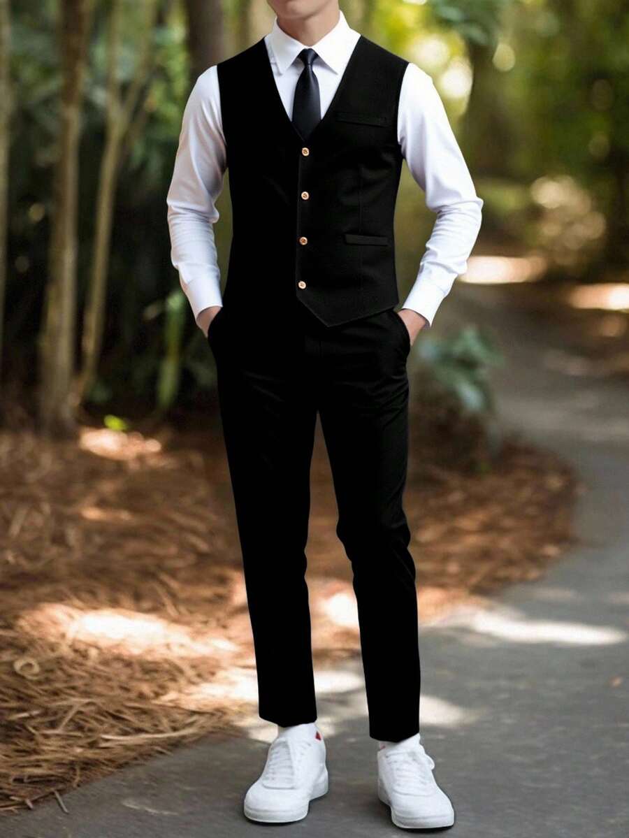 SHEIN 2 件套青少年男孩绅士装，海军蓝修身背心 + 纹理长裤，优雅正式西装，适合生日、婚礼、婚礼嘉宾、花童、戒指持有人、返校 - 黑色 - 查看 1