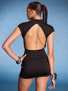 Normani Women's Sexy Black Plunging Neck Backless Fitted Mini Dress, Summer Black Dress Women Deep V Neck Dress Low Cut Dress Black Bodycon Dress Tight Black Dress Black Club Dress Open Back Dress - Black - View 2