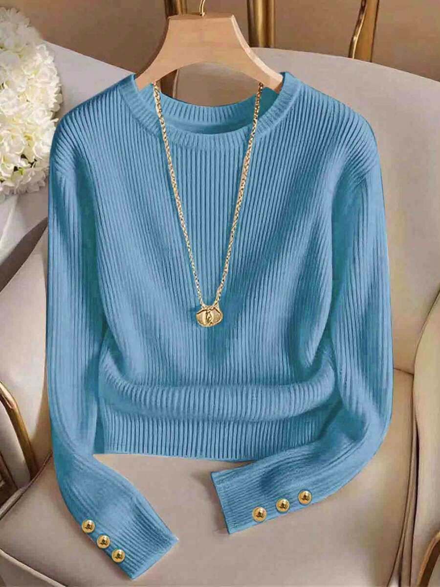 Franclia Elegant Round Neck Knit T-Shirt, Minimalist Fashion Knit Top, Autumn/Winter - Blue - View 1