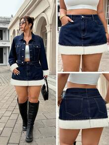 SHEIN ICON Plus Size High Waist Slimming Denim A-Line Skirt - Blue - View 8