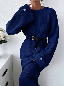 EURMUSE Plus Women Solid Color Chunky Sweater & Sweater Skirt Set - Navy Blue - View 4