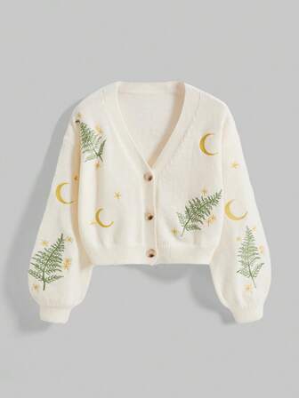 Fairycore Plus Size Women's Leaf & Moon Embroidered Long Sleeve Cardigan, Apricot Color/Winter