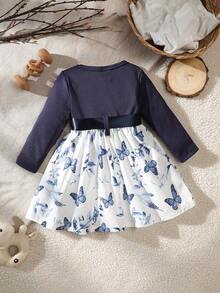 SHEIN Vintaside Kids Baby Mädchen Lässiges elegantes Blumen- und Schmetterlings-Aquarelldruckkleid-Set, geeignet zum Layering und für Outdoor-Aktivitäten, Herbst/Winter