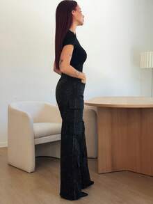 Abrilcols Ropa de mujer para invierno y otoño, pantalones vaqueros rectos casuales de cintura media con múltiples bolsillos decorados con strass negros para mujer. Para uso diario, salidas, conciertos, festivales, fiestas, ropa de club, ropa navideña para mujer - Negro - Ver 5