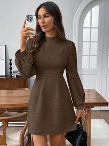 EMERY ROSE 女士中式立领灯笼袖束腰优雅短款连衣裙 - 棕色 - 查看 6