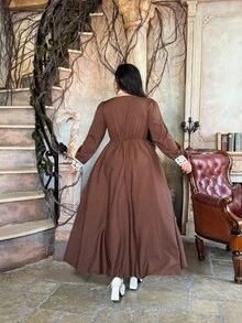 Lyrianda Polka Dot Contrast Lace Puff Sleeve Dress, Elegant, Suitable For Spring, Summer, Fall, Vacation, FCinched Waistimming Dress - Multicolor - View 2