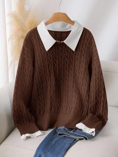 CosyJoli Maglione grigio lavorato a maglia con colletto, maglione da donna taglie forti, maglione grigio, maglione lavorato a trecce, maglione con colletto, maglione carino per l'autunno/inverno