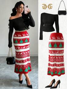 Franclia 新款欧美圣诞红色弹力腰包，营造节日氛围，圣诞树麋鹿雪花图案撞色慵懒A字鱼尾羊毛长裙毛衣裙，冬季女装，秋季女装，新年装 - 彩色 - 查看 1