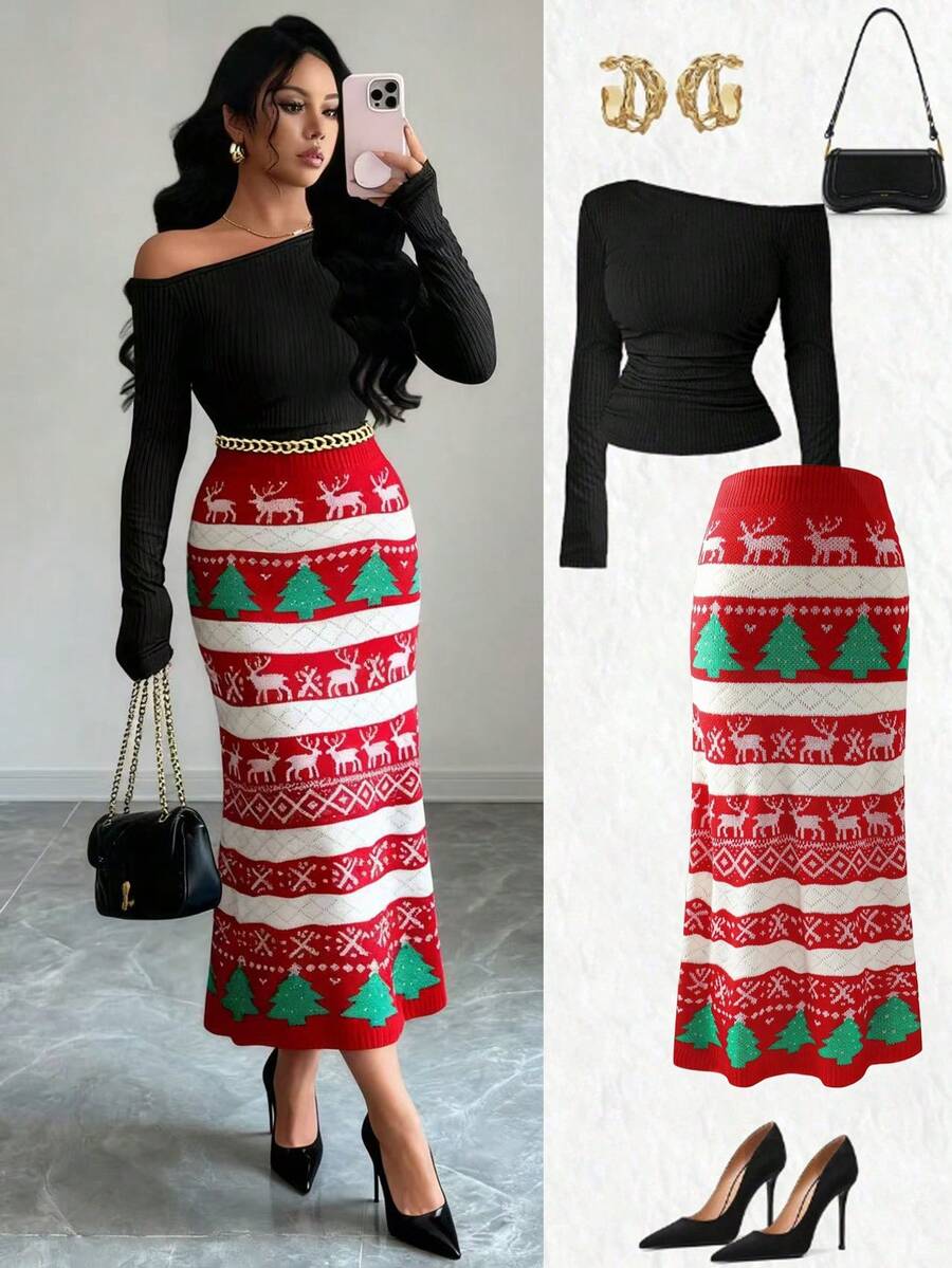 Franclia 新款欧美圣诞红色弹力腰包，营造节日氛围，圣诞树麋鹿雪花图案撞色慵懒A字鱼尾羊毛长裙毛衣裙，冬季女装，秋季女装，新年装 - 彩色 - 查看 1