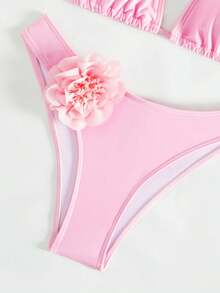 Swim Lushoire Summer Beach Women's Triangle Halter Bikini Set With 3d Flower Patched - Pink - View 5