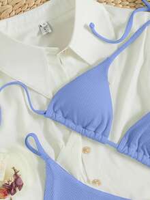 SHEIN Swim 2026 Spring/Summer Women's Vacation Special Fabric Spaghetti Strap Halter Blue Sexy Thong Bikini Two Pieces Swimsuit - Blue - View 6