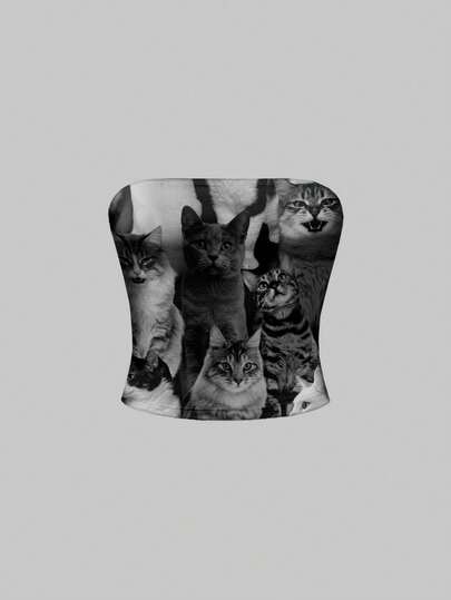 ROMWE Grunge Punk Cute Dark Cat All-Over Print Vintage Style Women Top