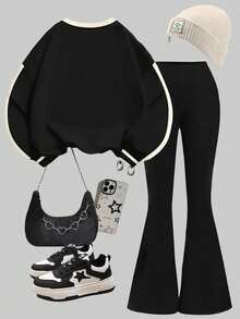 SHEIN 2pcs/Set Tween Girls Casual Thick Loose Fit Crew Neck Sweatshirt With Vintage School Sports Style Bow Decor & Cream Striped Contrast, Bell Bottom Pants, Suitable For Autumn/Winter, Outfits For Easy Comfort, Autumn Layers, Stylish Girls, Casual Wear, Kids Graphic Clothes, Back To School, Fall Clothes, Homecoming