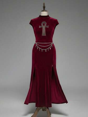 Goth Abito aderente stile gotico-vampiresco con croce traforata, ispirato all'antico stile egiziano, con spacco alto