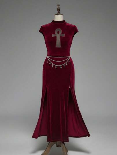 Goth Gothic Vampire Tight-Fitting Hollow Cross Ancient Egyptian Style High Slit Dress