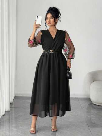 Flouryn Plus Size Women Elegant V-Neck Sequin Lace Patchwork Long Sleeve, Waist Cinched A-Line Long Black Chiffon Dress Suitable For Party, Gathering