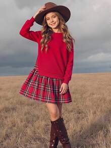 Emery Rose Kids 女童拼色长袖连衣裙，红色连衣裙，红色运动衫，圣诞连衣裙，适合日常、派对、学校穿着