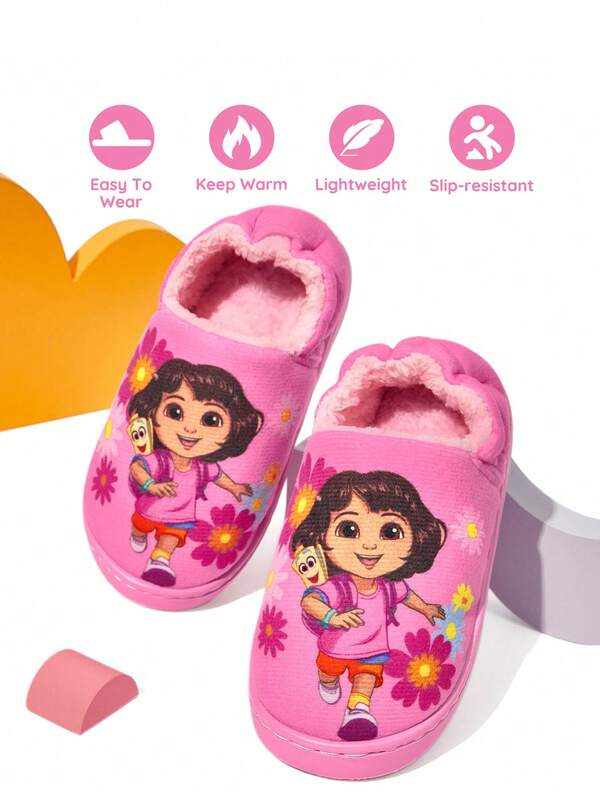 DORA | SHEIN Cute Cartoon Pink Girls Children's Grip-Enhancing Indoor Slippers Toddlers & Kids Soft Plush Warm Winter House Shoes, Lightweight And Durable EVA Sole, Home Bedroom Air-Conditioned Room Spring, Autumn And Winter Flowers