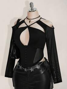 SHEIN ICON Plus Size Fashionable Sexy Long Sleeve Mesh Panel Cut-Out Shoulder Crop Top Spring Summer Concert Easter - Black - View 4