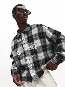 Long Sleeve Crop Fit Check Shirt With Cross Print Casual Button Down - Black and White - View 1