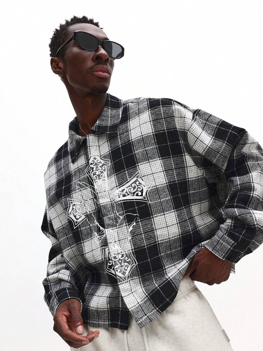 Long Sleeve Crop Fit Check Shirt With Cross Print Casual Button Down - Black and White - View 1