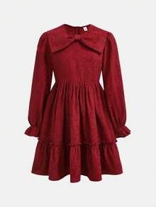 Gaun Elegan Lengan Panjang Berlipit dengan Hiasan Ruffle Patchwork Corduroy untuk Remaja Perempuan, Kasual dan Chic, Cocok untuk Musim Gugur/Dingin - Merah - View 5