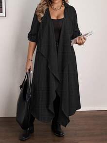 Vionelle 大码女式纹理纯色翻领长袖夹克，袖口有纽扣，可调节袖长 - 黑色 - 查看 5