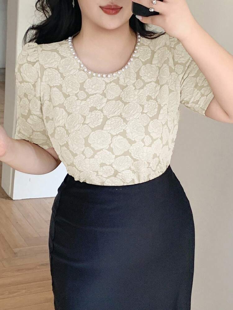 Dazy Plus Plus Size Women Floral Print Puff Sleeve Elegant Spring/Autumn T-Shirt, Suitable For Banquet